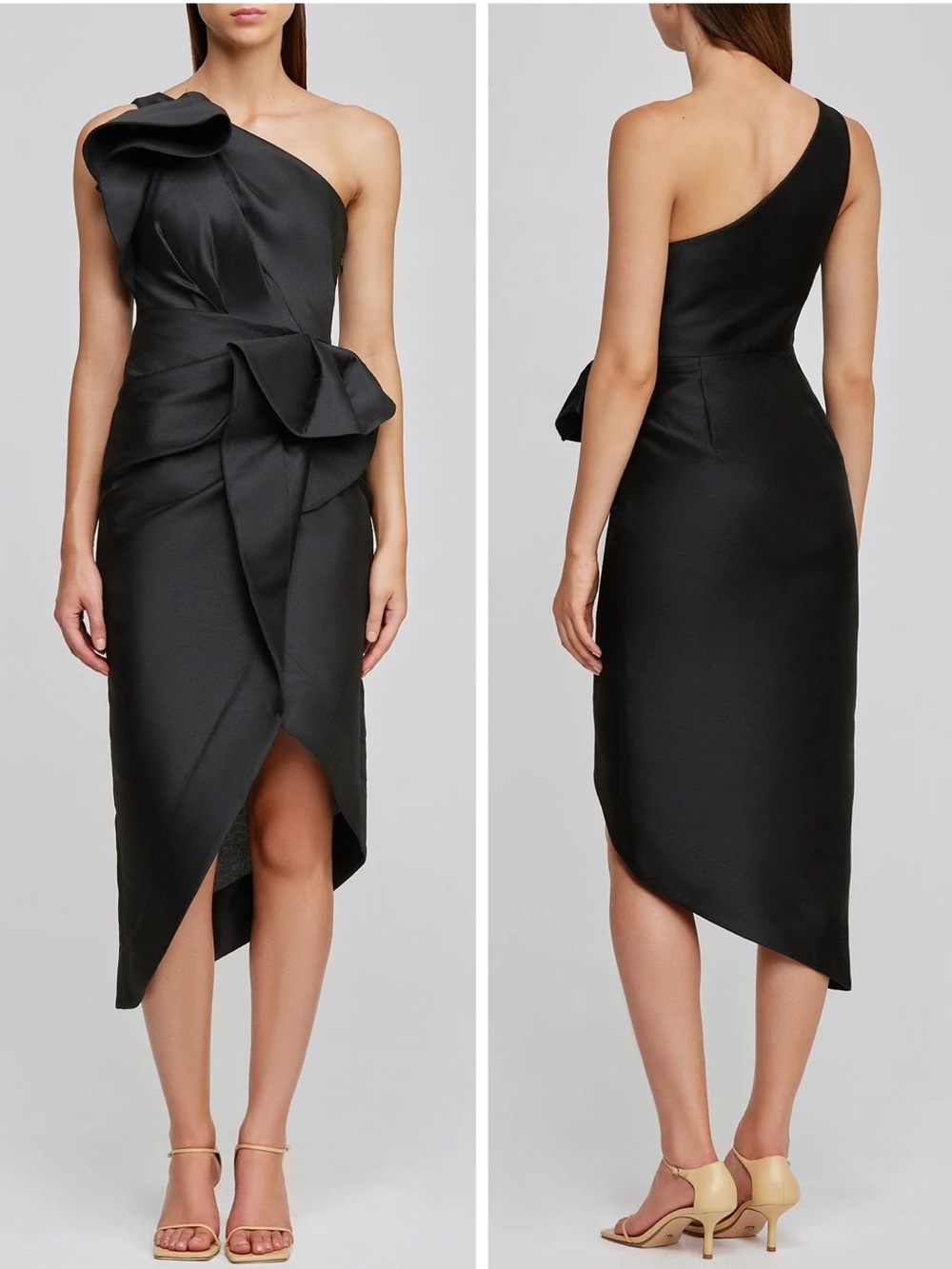 Acler Black Darcher Ruffle One-shoulder Asymmetrical Midi Dress size 10 US 6